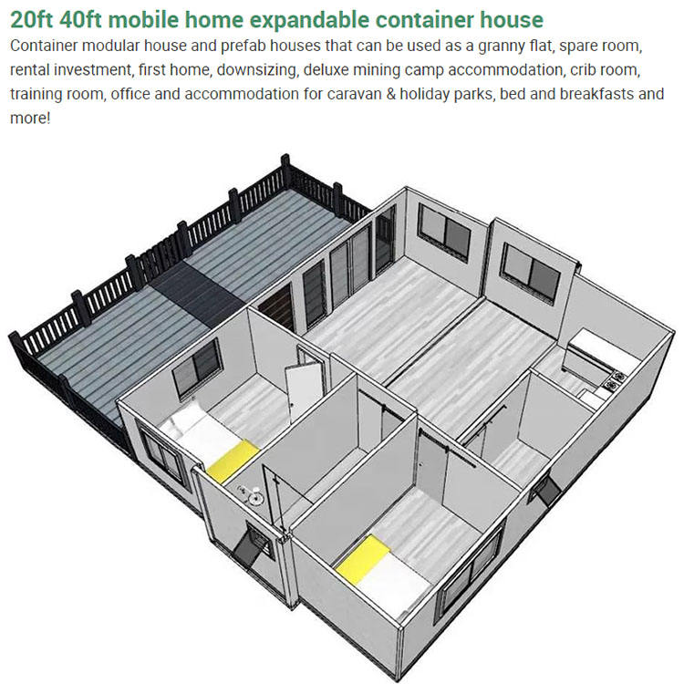 Casa contenedor expandible prefabricada de 40 pies y 2 dormitorios