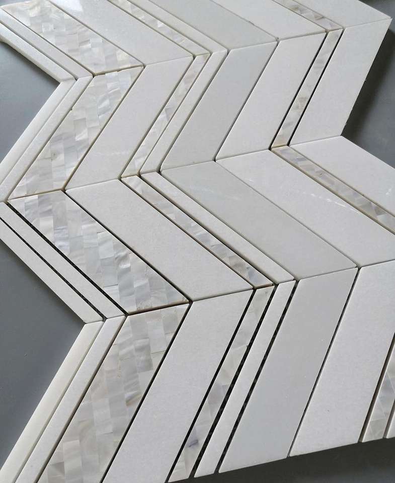 Mosaicos de mármol blanco, mosaico de concha con forma de chevrón para vestíbulo, mosaicos de cerámica para baño