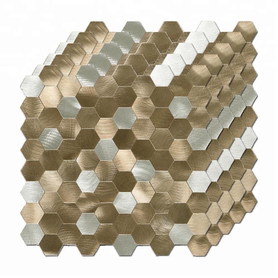 Azulejo de mosaico de aluminio de cáscara y palo cepillado en oro plateado hexagonal