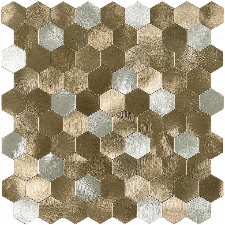 Azulejo de mosaico de aluminio de cáscara y palo cepillado en oro plateado hexagonal