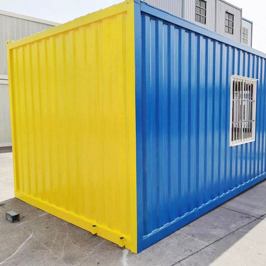 Container mobile homes for people with colourful steel structures and simple activity rooms