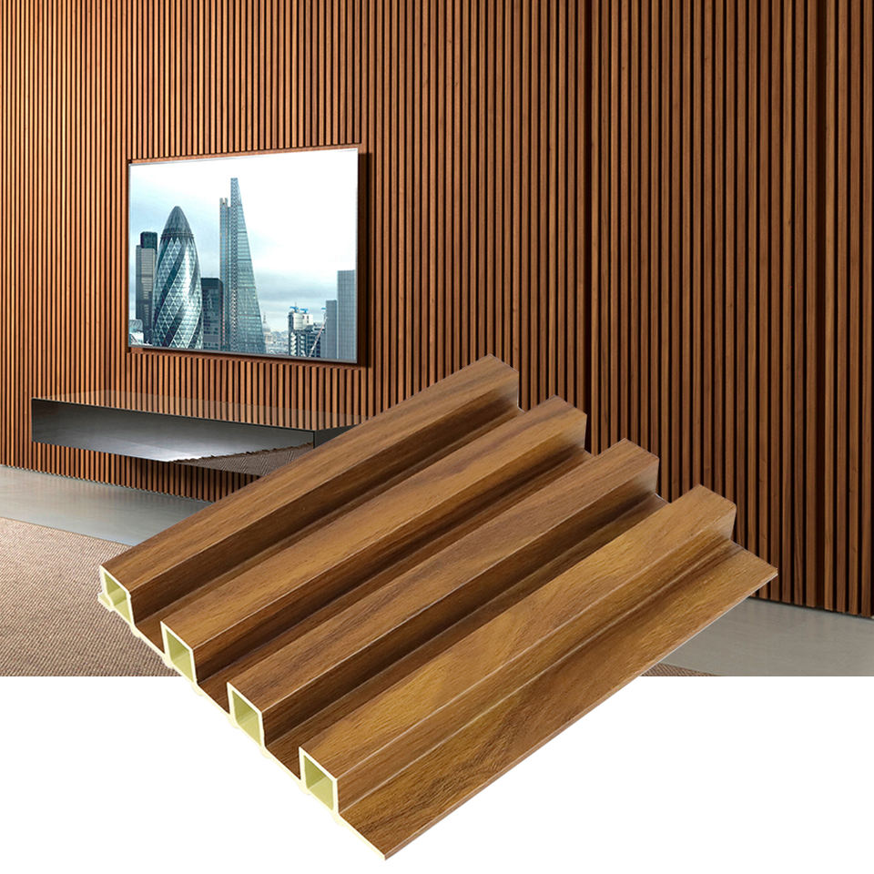 Precio barato Panel de pared hueco Decoración de interiores Paneles de pared de madera Diseño Interior Panel de pared estriado de listones de Wpc laminado Interior 