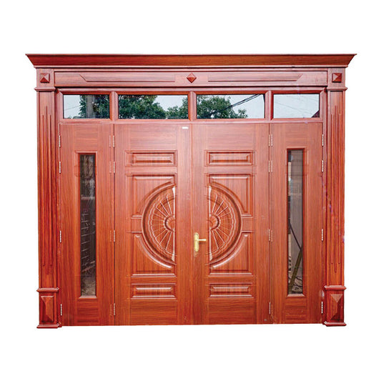 Puertas de acero de veta de madera baratas de alta calidad con dos alas diferentes - Marco de puerta de gran tamaño 