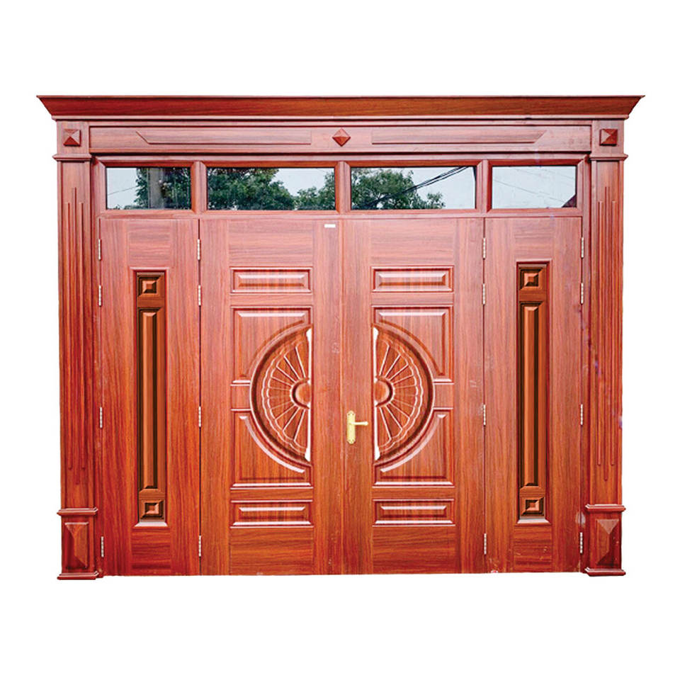 Puertas de acero de veta de madera baratas de alta calidad con dos alas diferentes - Marco de puerta de gran tamaño 